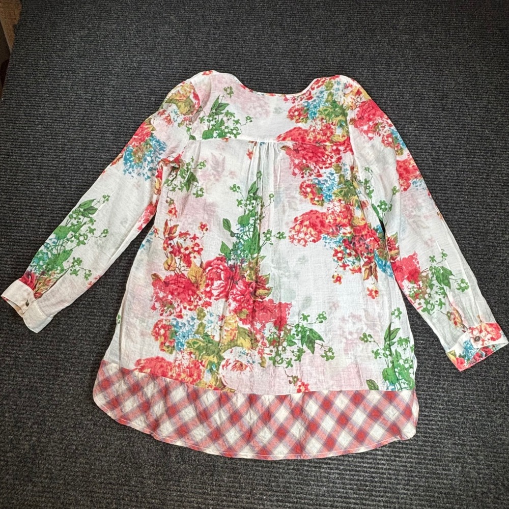 Aratta Silent Journey Floral Plaid Mixed Media Tunic Top Blouse ED16837 Womens M - Picture 2 of 7